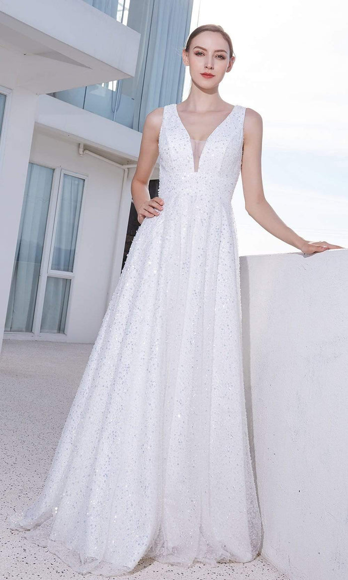 J'Adore - JM107 Sleeveless Low V Back Beaded Tulle A-Line Gown In White