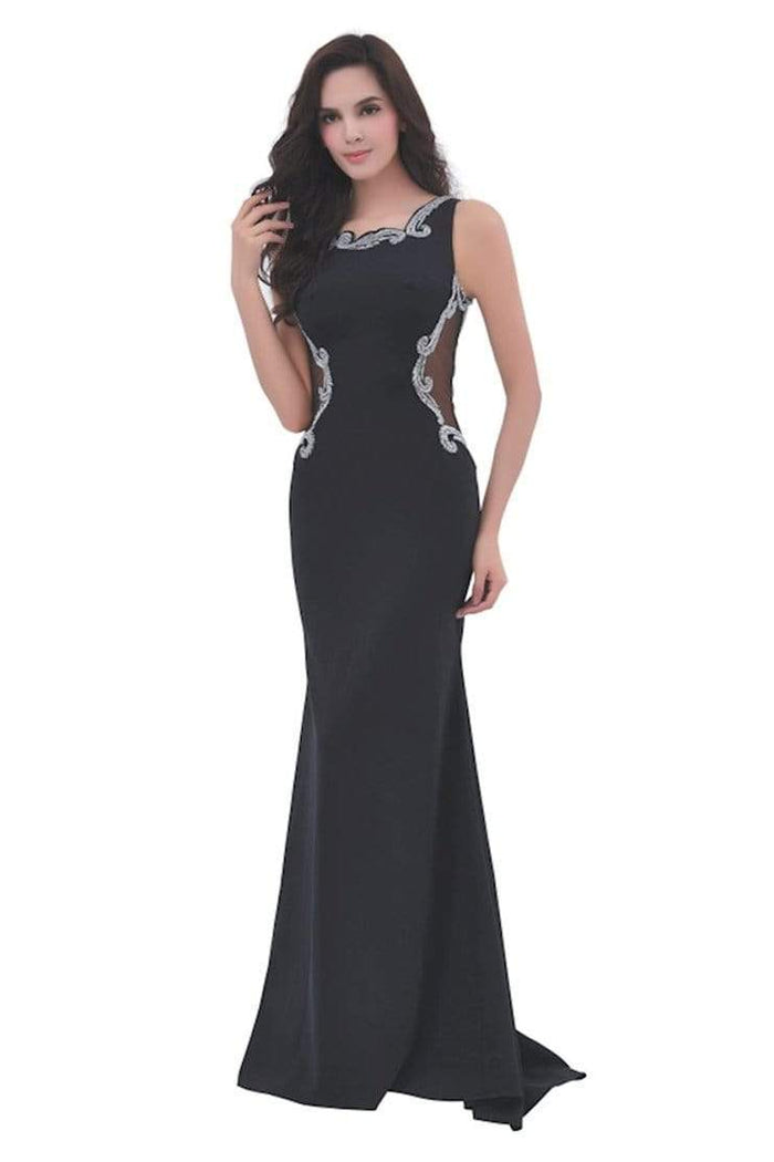 Jadore - J11353 Swirl Beaded Illusion Cutout Long Gown Special Occasion Dress 2 / Black