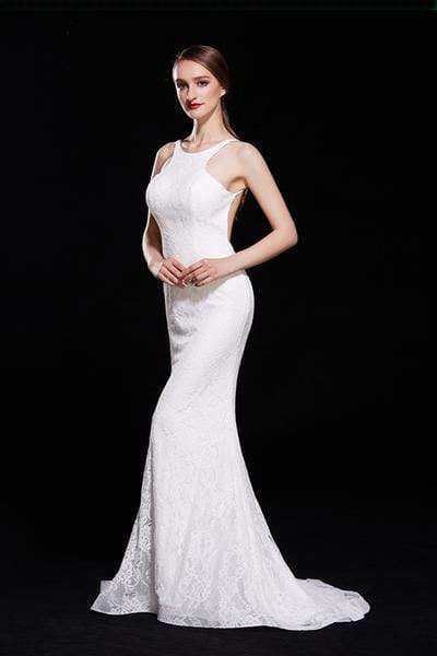 Jadore - J12002 Allover Lace Backless Ruffle Accent Mermaid Gown Special Occasion Dress 2 / Ivory