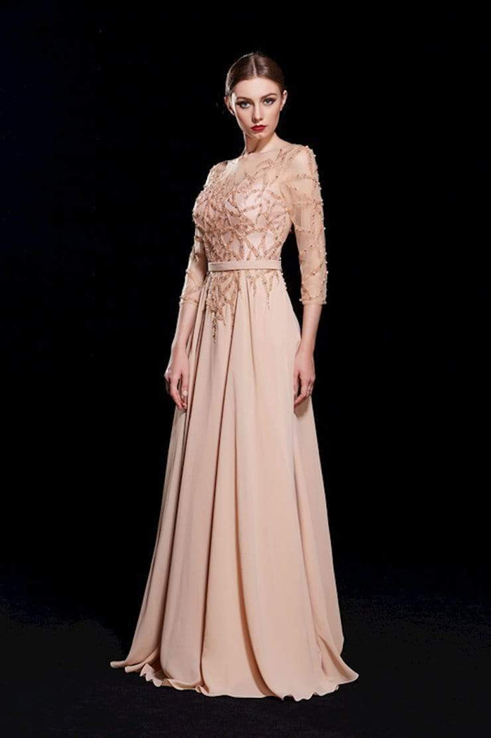 Jadore - J12061 Bead Embellished A-Line Evening Dress Special Occasion Dress 2 / Champagne