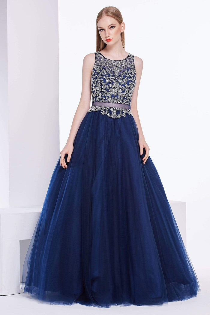 Jadore - J14015 Embellished Jewel Neck Tulle Ballgown Special Occasion Dress 2 / Navy