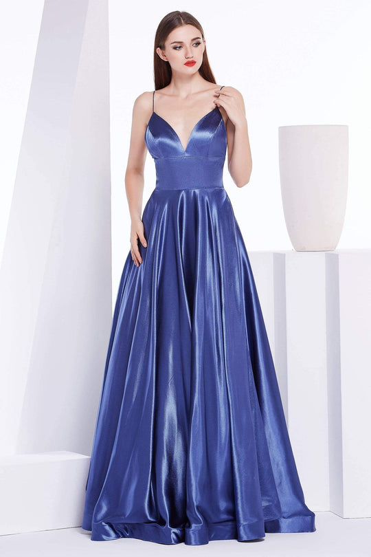 J'Adore Dresses - J14038 Deep V-neck Silky Satin A-line Dress