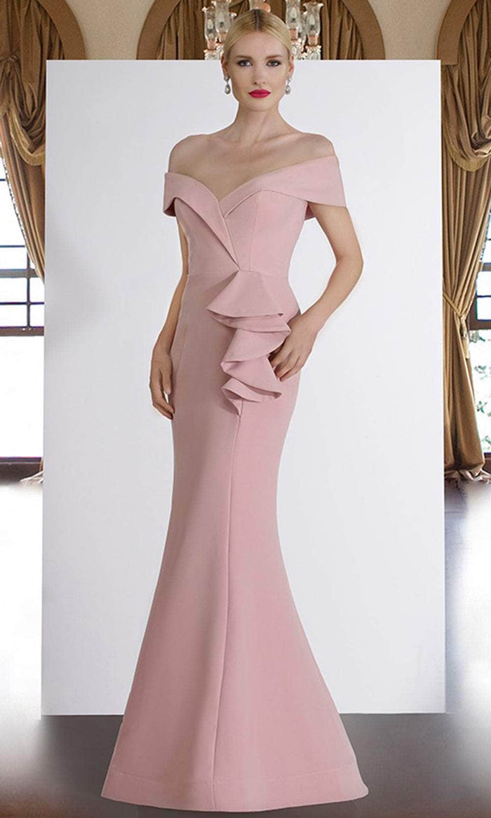 Janique - 1936 Off Shoulder Ruffled Accent Mermaid Gown in Blush Special Occasion Dress 0 / Blush