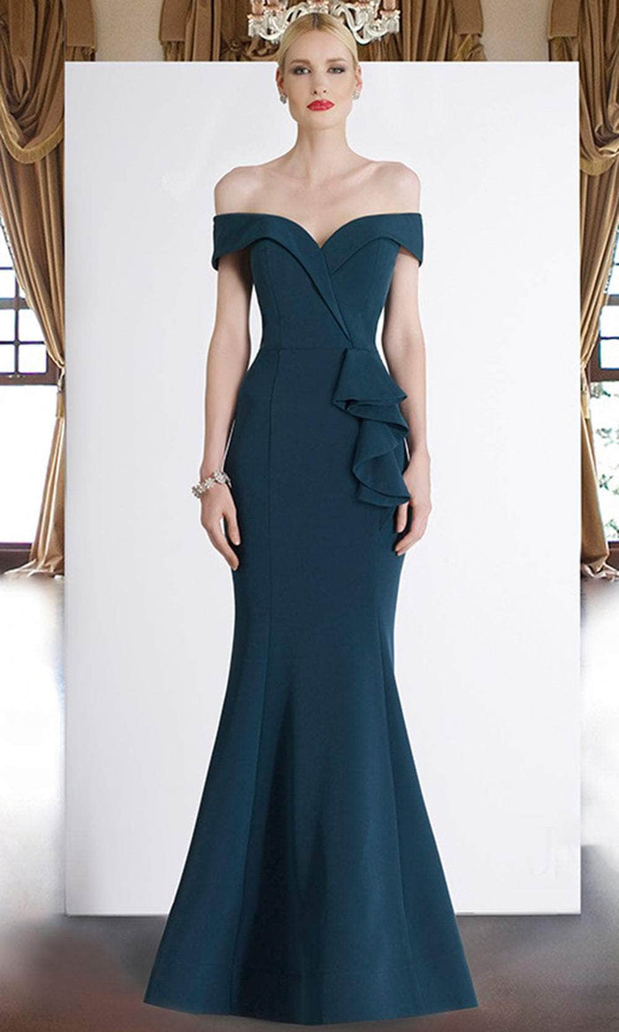 Janique - 1936 Off Shoulder Ruffled Accent Mermaid Gown in Teal Special Occasion Dress 0 / Teal