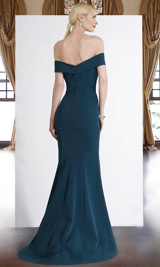 Janique - 1936 Off Shoulder Ruffled Accent Mermaid Gown in Teal