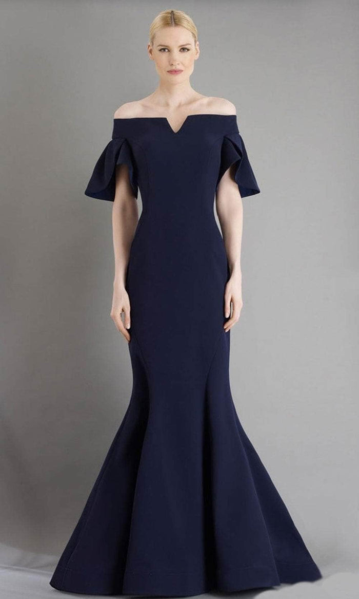 Janique - 1941 Notched Off Shoulder Ruffle Sleeve Evening Gown Mother of the Bride Dresses 2 / Navy