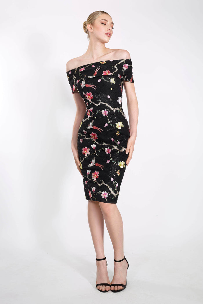 Janique - 2044 Floral Embroidered Off-Shoulder Dress Party Dresses 4 / Black Print