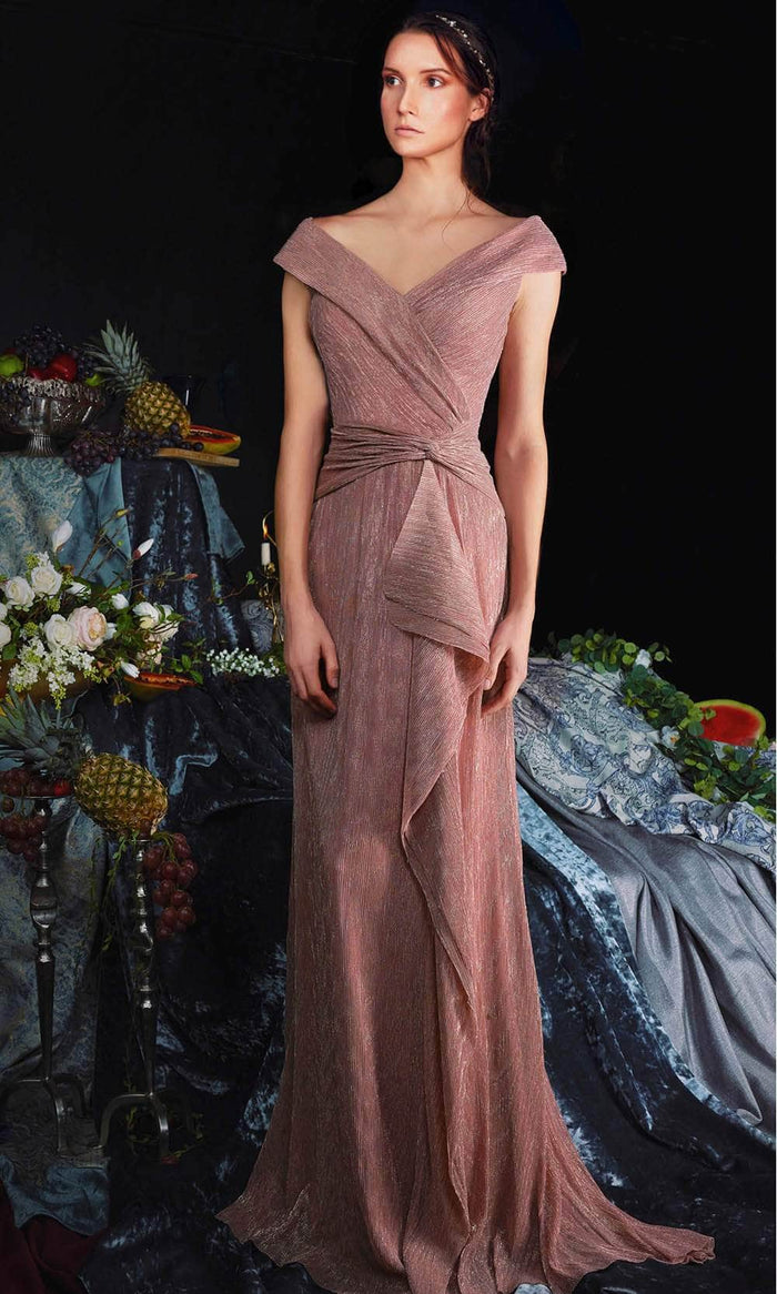 Janique 210622 - Cap Sleeve V-neck Evening Dress Special Occasion Dress 4 / Rose Gold