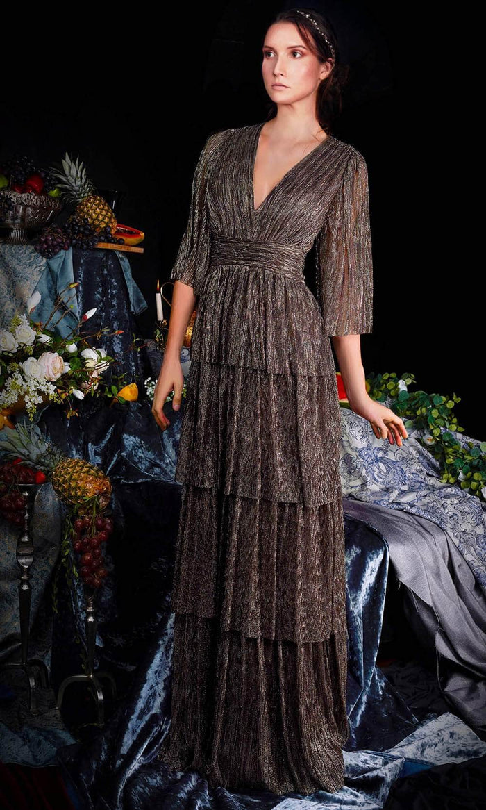 Janique 210722 - Quarter Length-Sleeve Plunging V-neck Evening Dress Special Occasion Dress 4 / Bronze