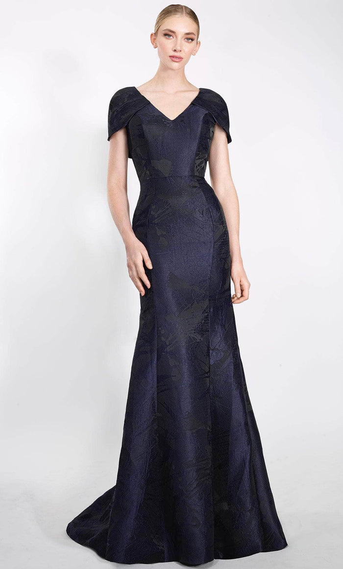 Janique 23005 - V-Neck Jacquard Evening Gown Special Occasion Dress 2 / Navy