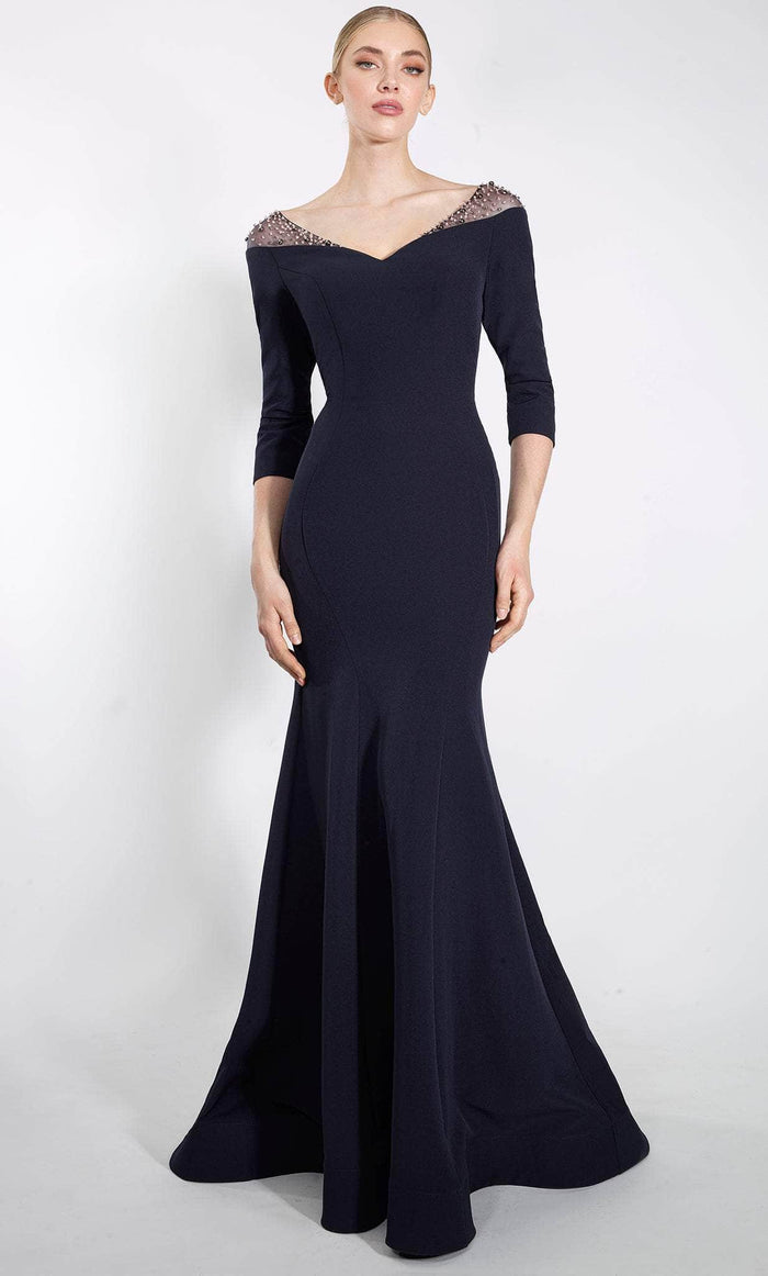 Janique 23105 - Beaded Illusion Accent Evening Gown Special Occasion Dress 2 / Navy