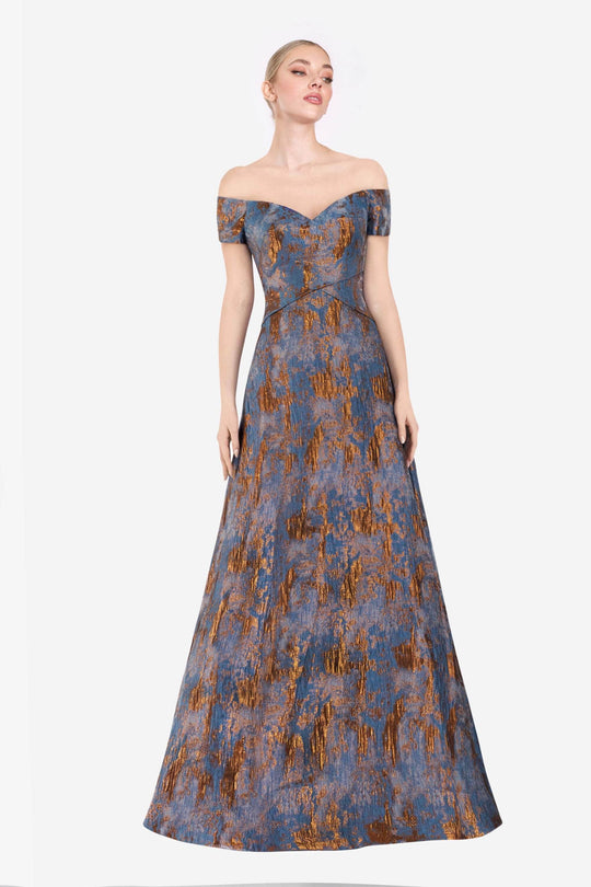 Janique - 5621 Off Shoulder Metallic Accented Jacquard Gown