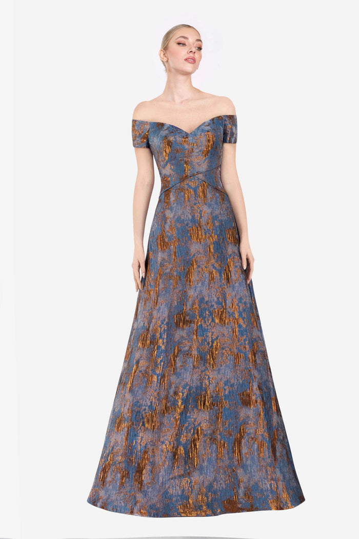 Janique - 5621 Off Shoulder Metallic Accented Jacquard Gown Evening Dresses 4 / Blue