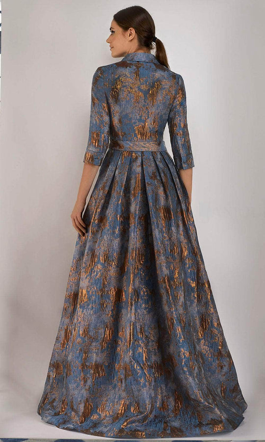 Janique - 71321 Cuffed Quarter Sleeve Button Down Jacquard Dress