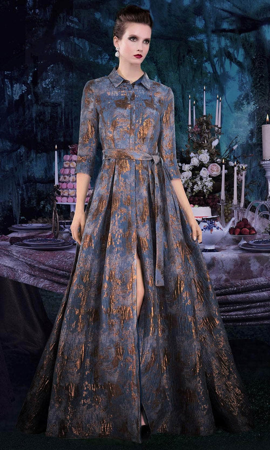 Janique - 71321 Cuffed Quarter Sleeve Button Down Jacquard Dress