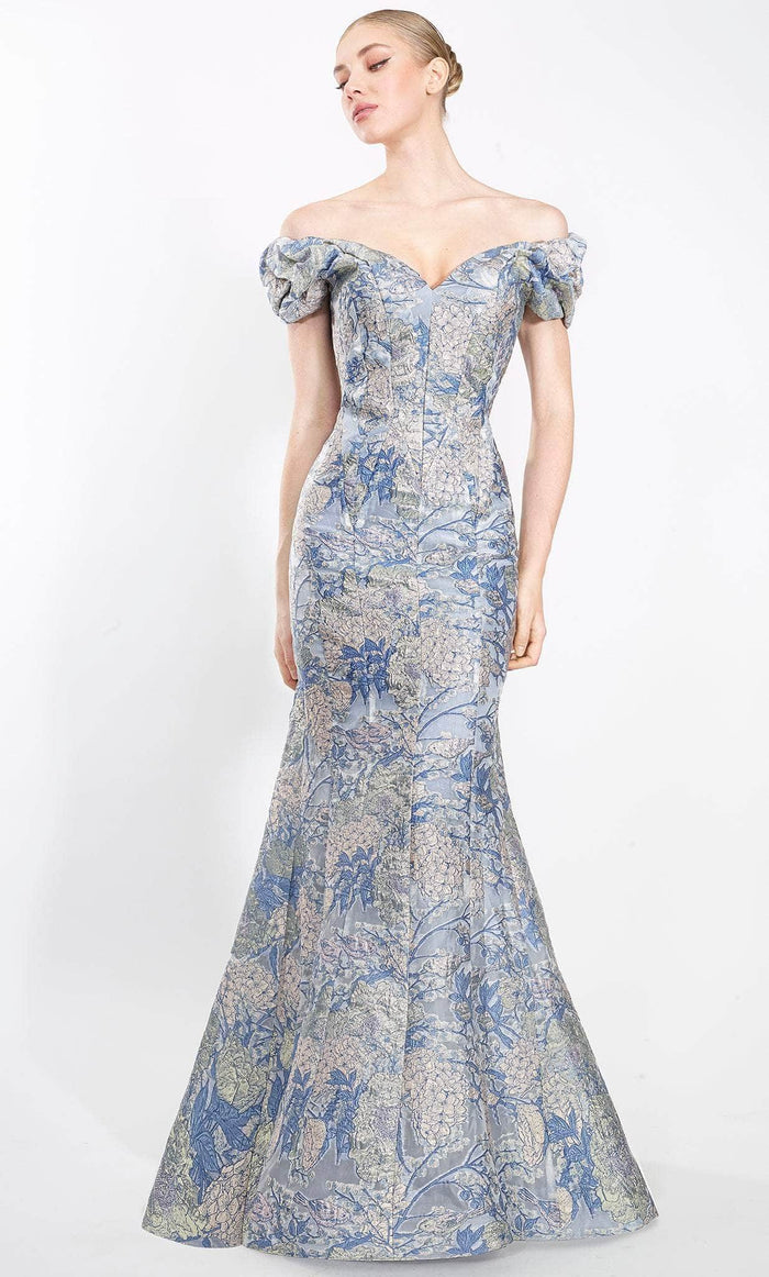 Janique 86721 - Off Shoulder Jacquard Evening Gown Special Occasion Dress 4 / Blue