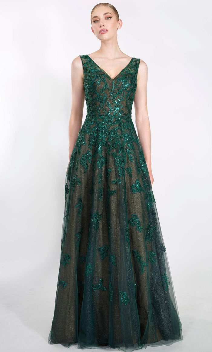 Janique 91222 - Embroidered A-Line Evening Gown Special Occasion Dress 2 / Emerald