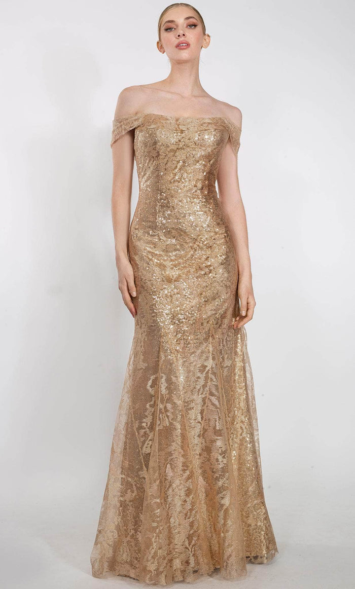 Janique 92125 - Sequined Off Shoulder Evening Gown Special Occasion Dress 2 / Gold