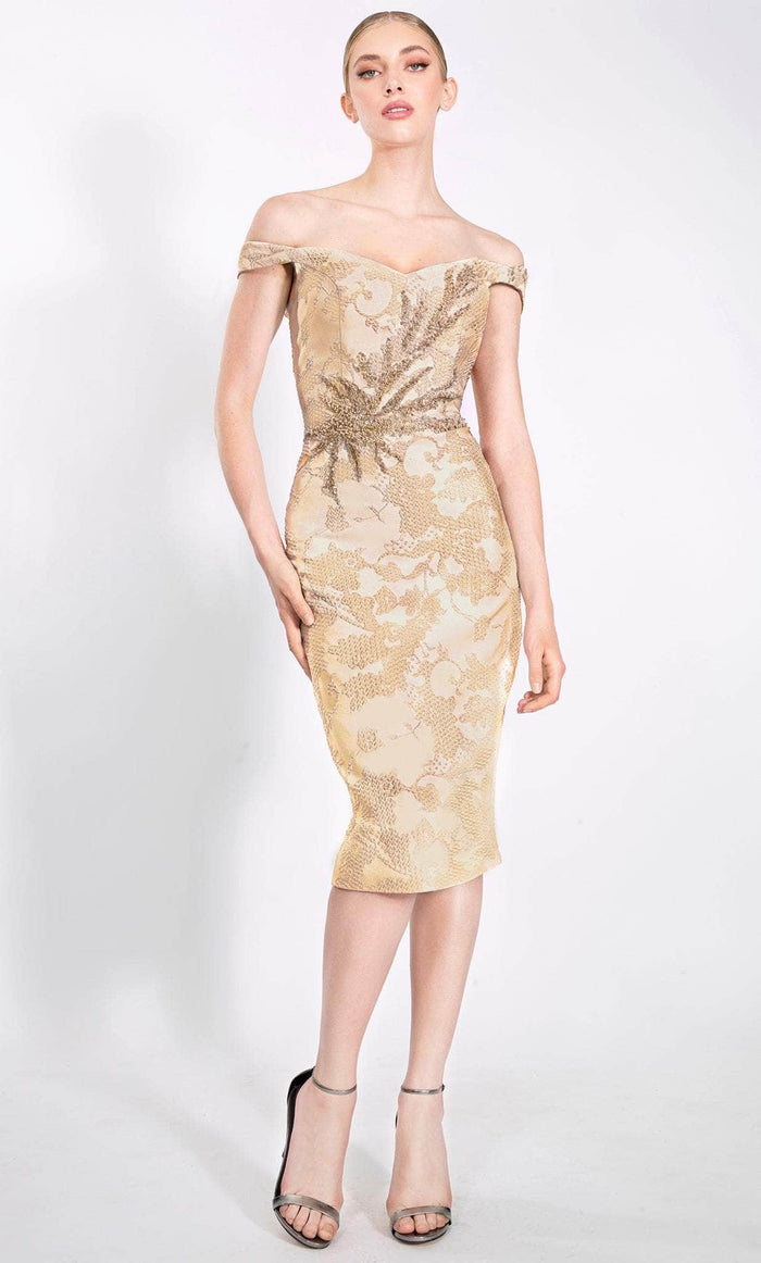 Janique 925 - Off Shoulder Sheath Cocktail Dress Special Occasion Dress 2 / Gold