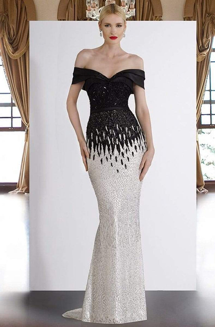 Janique - A18375 Draped Off Shoulder Mermaid Gown In Black / White Special Occasion Dress 0 / Black / White