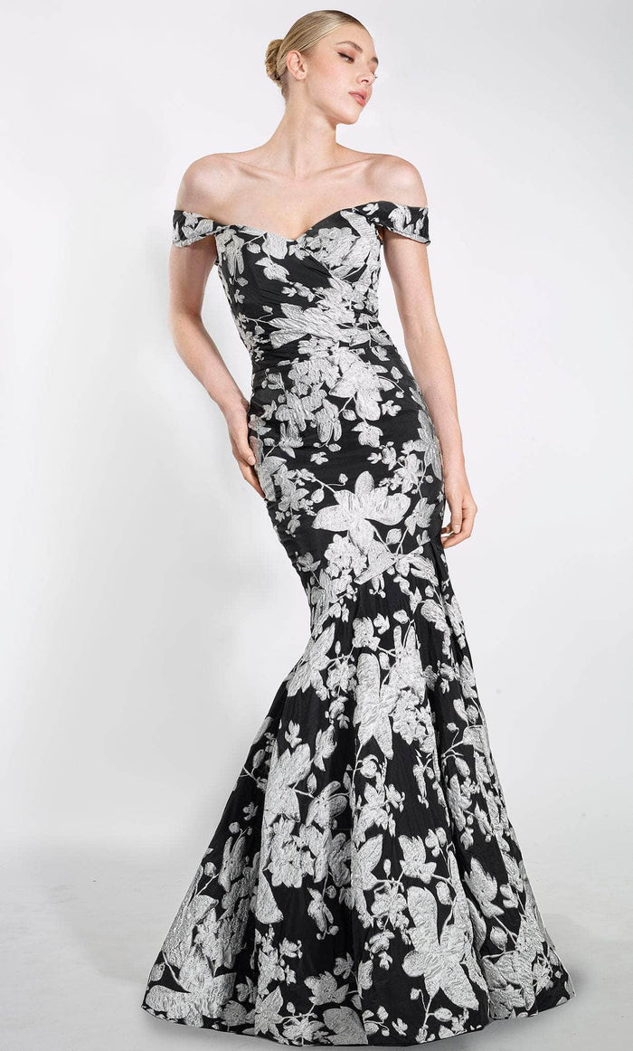 Janique B23002 - Floral Trumpet Evening Gown Special Occasion Dress 2 / Black/White