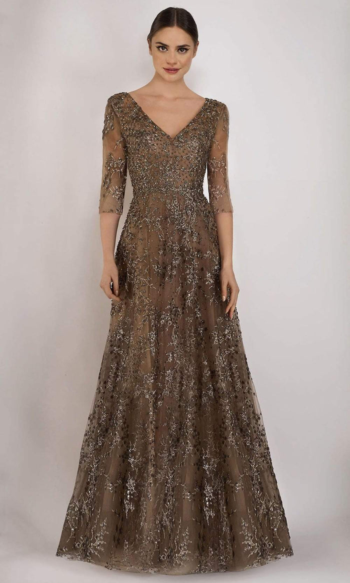 Janique - Beaded V-neck A-line Gown W2519 - 1 pc Bronze In Size 10 Available CCSALE 14 / Bronze