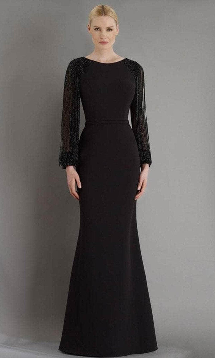 Janique - BSH-001 Bead-Draped Long Sleeve Sheath Gown In Black Special Occasion Dress