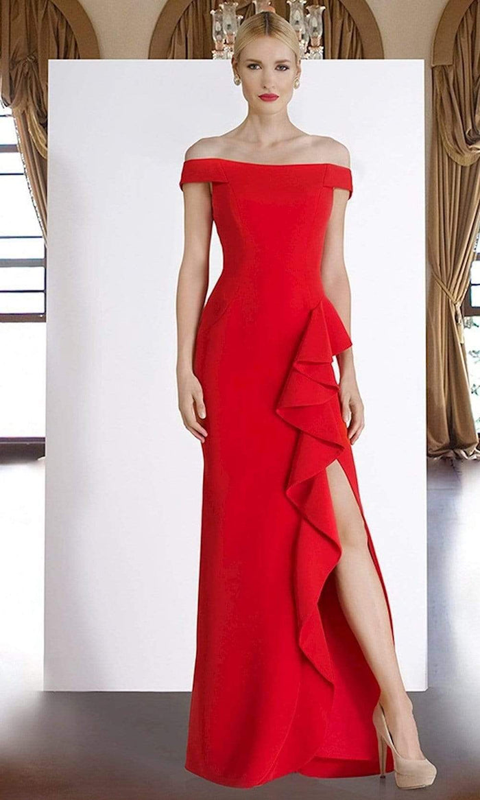 Janique - C1870 Ruffled Off-Shoulder Sheath Dress In Red Special Occasion Dress