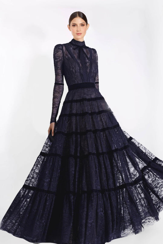 Janique - K7031 Long Sleeve High Neck Lace A-Line Gown