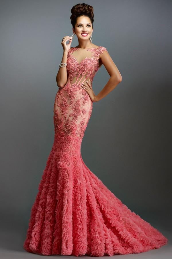 Janique - Lace and Tulle Floral Applique Mermaid Gown 1514 CCSALE 2 / Coral