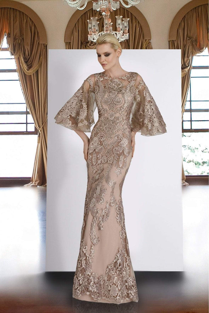 Janique - Lace Embroidered Bell Sleeve Bateau Trumpet Dress W2073  - 1 pc Champagne In Size 12 Available CCSALE 16 / Champagne