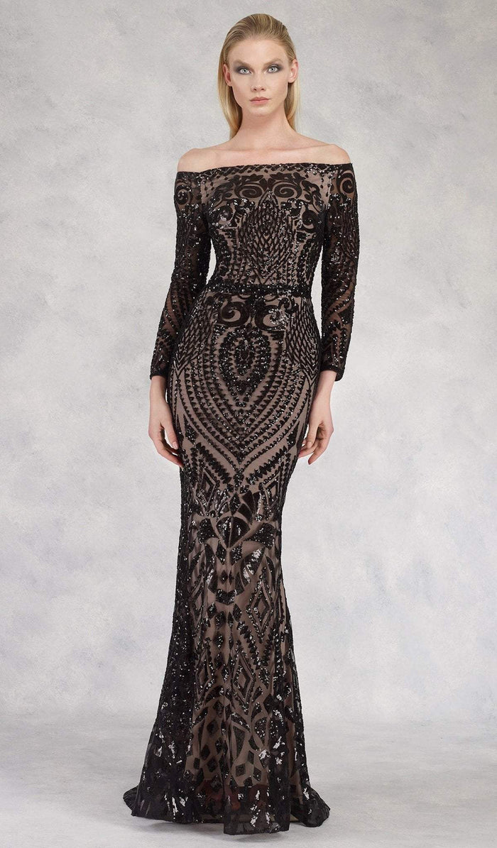 Janique - Long Sleeve Geo-Sequined Mermaid Gown JA3017 - 1 pc Black/Nude In Size 6 Available CCSALE 12 / Black/Nude