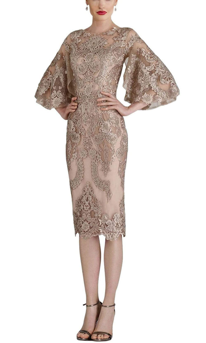 Janique - W2068 Quarter Tulip Sleeves Lace Appliqued Sheath Dress Special Occasion Dress 0 / Champagne