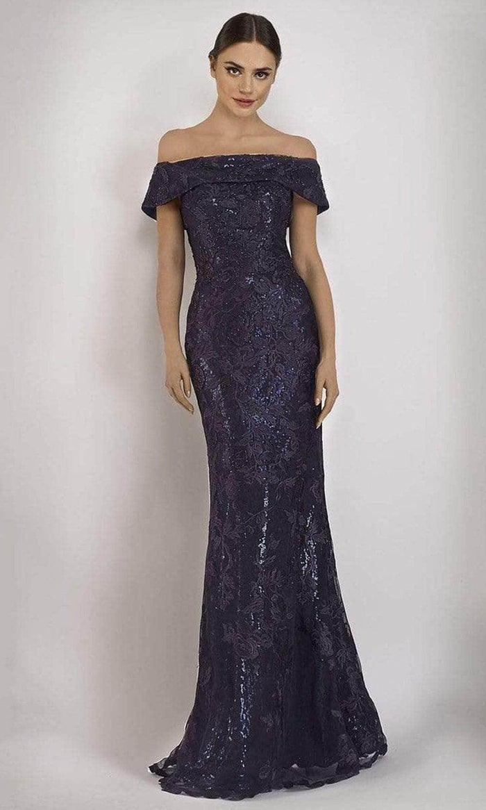 Janique - W2520 Embellished Off-Shoulder Trumpet Dress Evening Dresses 6 / Navy