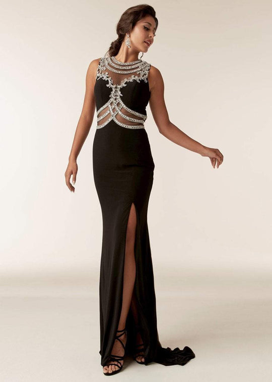 Jasz Couture - 6288 Jewel Neck Stone Embellished Gown with Slit