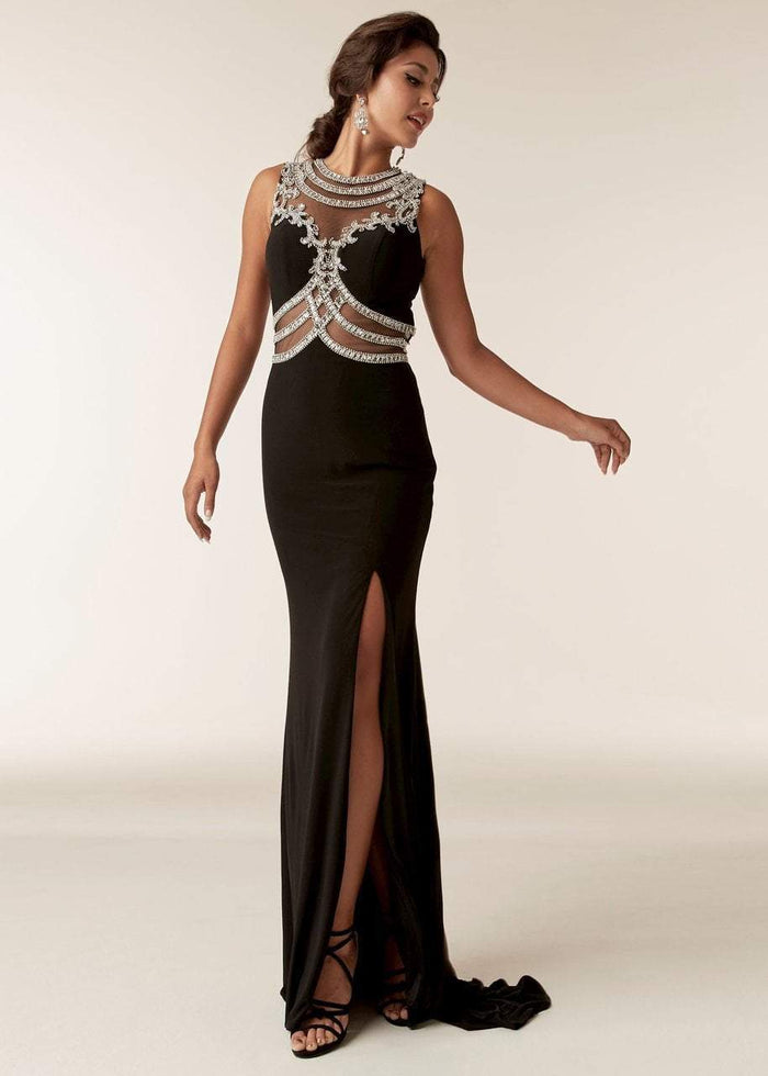 Jasz Couture - 6288 Jewel Neck Stone Embellished Gown with Slit Special Occasion Dress 0 / Black