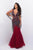 Jasz Couture - 7003 Floral Embroidered Deep V-neck Feathered Dress Prom Dresses 000 / Burgundy/Gunmetal