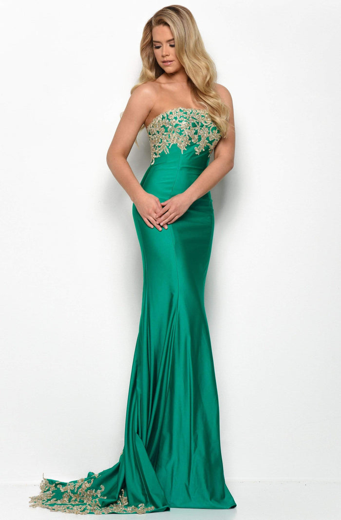 Jasz Couture - 7071 Lace Appliqued Strapless Sheath Dress Evening Dresses 000 / Emerald/Gold