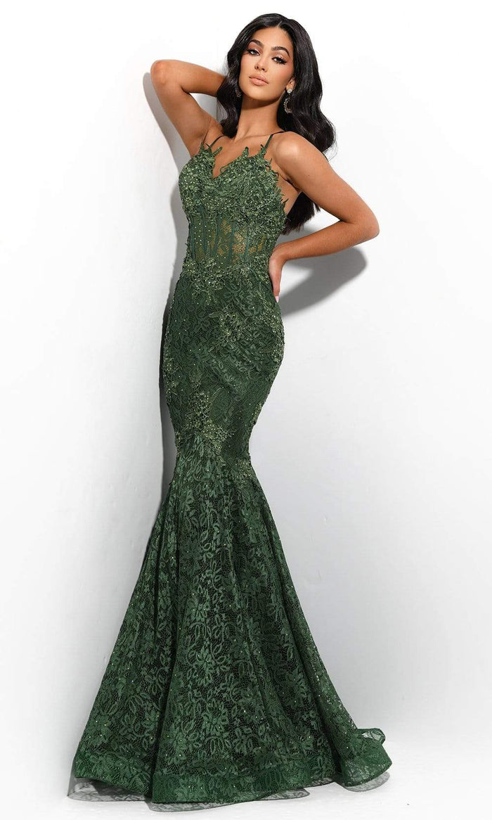 Jasz Couture - 7306 Embellished Sleeveless V-Neck Trumpet Dress Special Occasion Dress 000 / Olive