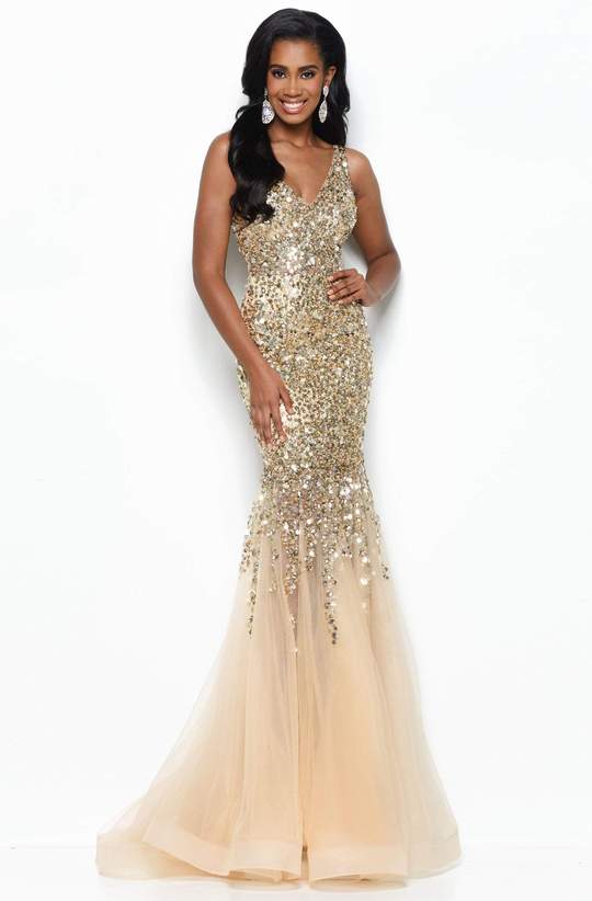 Jasz Couture - Bead Embellished Trumpet Gown 7111 - 1 pc Gold In Size 6 Available CCSALE 6 / Gold