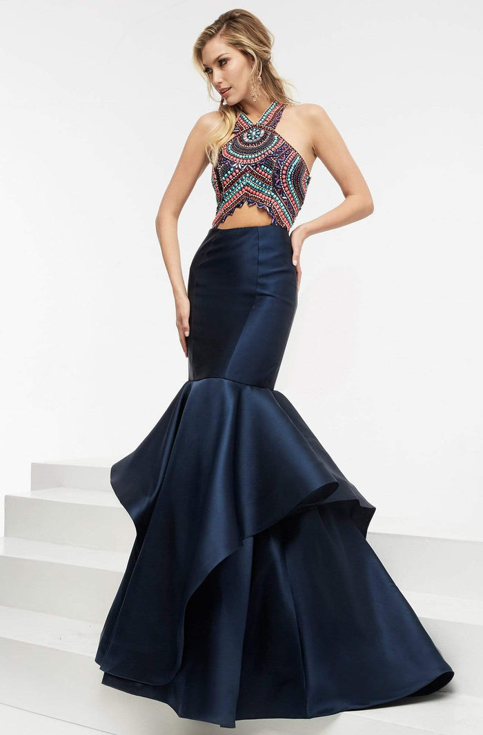 Jasz Couture - Beaded Halter Mermaid Evening Gown 5934 Special Occasion Dress 0 / Navy Multi