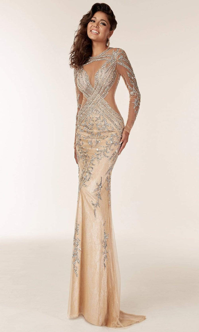 Jasz Couture - Long Sleeve Embellished Sheath Gown 6204 - 2 pc Nude In Size 14 and 16 Available CCSALE