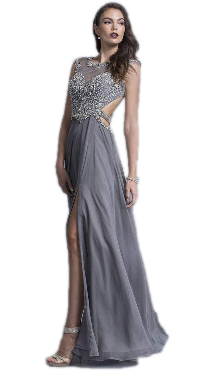 Jeweled Illusion Bateau Fitted Prod Dress Prom Dresses XXS / Gray