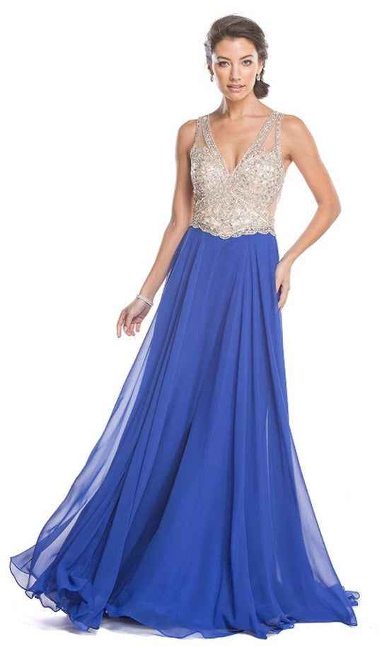 Aspeed Design - Jeweled Plunging V-neck Prom Dress