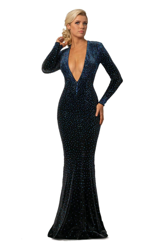 Johnathan Kayne - 2045 Embellished Long Sleeve V-neck Trumpet Dress