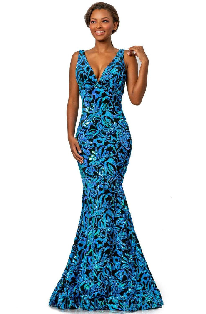 Johnathan Kayne - 2106 Sleeveless V Neck Sequin Velvet Mermaid Gown Evening Dresses 00 / Aqua/Multi