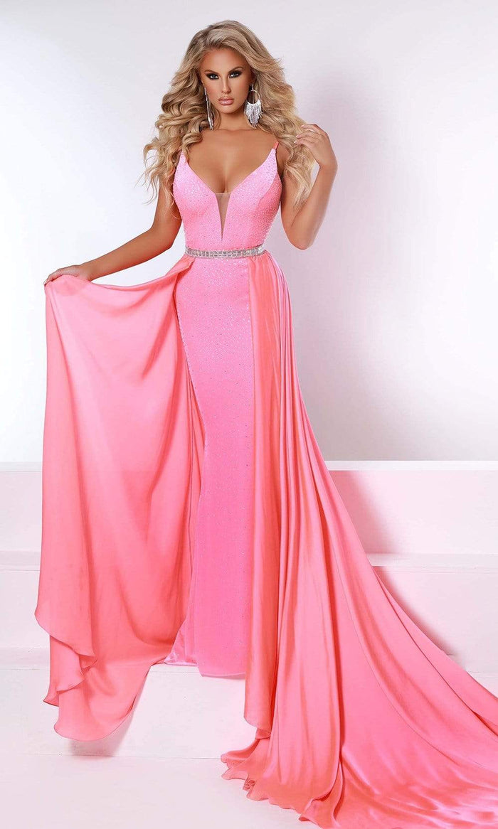 Johnathan Kayne - 2400 Deep V Velvet Gown Special Occasion Dress 00 / Flamingo