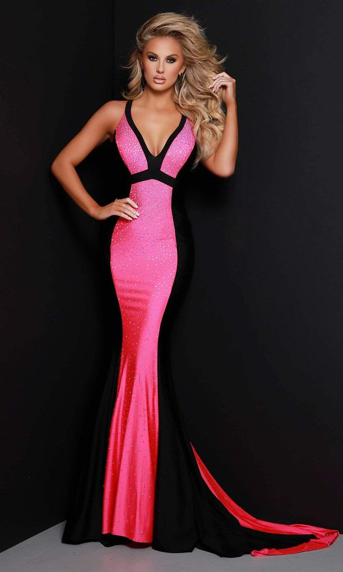 Johnathan Kayne - 2408 Beaded Black Panels Mermaid Gown Prom Dresses 00 / Black-Hot Pink