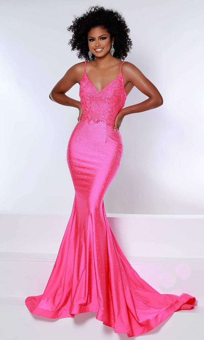 Johnathan Kayne - 2439 Beaded Long Mermaid Gown Prom Dresses 00 / Hot Pink