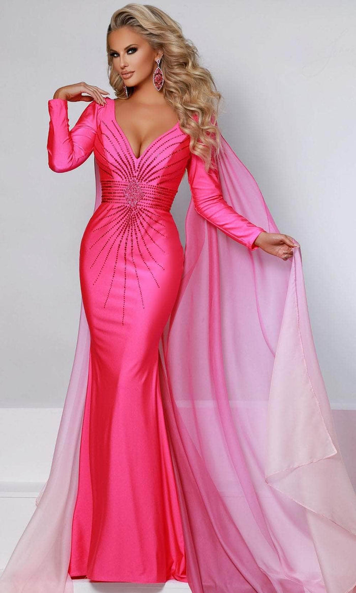 Johnathan Kayne 2517 - Long Sleeve Empire Waist Long Dress Evening Dresses 00 / Barbie Pink